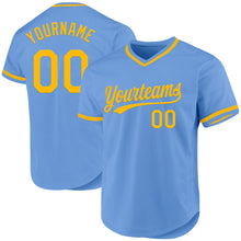 Load image into Gallery viewer, Custom Light Blue Gold Authentic Throwback Baseball Jersey
