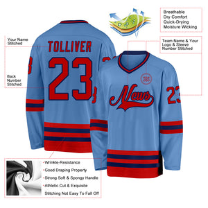 Custom Light Blue Red-Navy Hockey Jersey