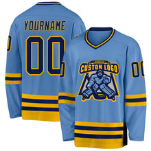 Load image into Gallery viewer, Custom Light Blue Navy-Gold Hockey Jersey
