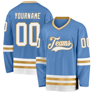 Custom Light Blue White-Old Gold Hockey Jersey