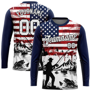 Custom Navy Black-Red 3D American Flag And Fish Fishing Long Sleeve Performance T-Shirt