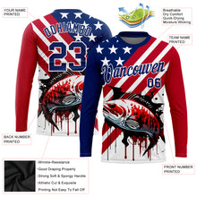 Load image into Gallery viewer, Custom US Navy Blue Red-White 3D American Flag And Bass Fish Fishing Long Sleeve Performance T-Shirt
