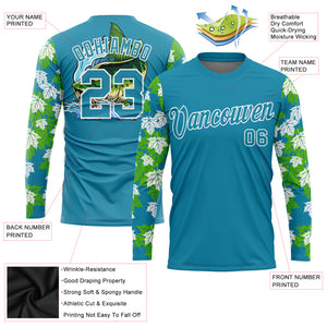 Custom Panther Blue White 3D Tropical Leaves And Bass Fish Fishing Long Sleeve Performance T-Shirt