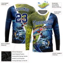 Load image into Gallery viewer, Custom US Navy Blue White 3D Rainbow Trout Fish Fishing Long Sleeve Performance T-Shirt
