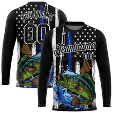 Load image into Gallery viewer, Custom Black White 3D American Flag And Fish Fishing Long Sleeve Performance T-Shirt
