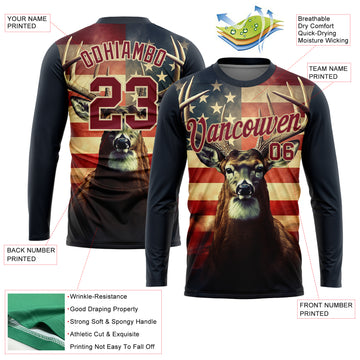 Custom Navy Crimson-City Cream 3D Animal Deer Hunting American Flag Long Sleeve Performance T-Shirt