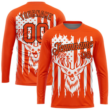 Custom Orange Black-White 3D Animal Deer Hunting American Flag Long Sleeve Performance T-Shirt