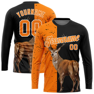 Custom Black Bay Orange-White 3D Animal Deer Hunting Sleeve Performance T-Shirt