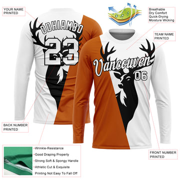 Custom White Texas Orange-Black 3D Animal Deer Hunting Long Sleeve Performance T-Shirt