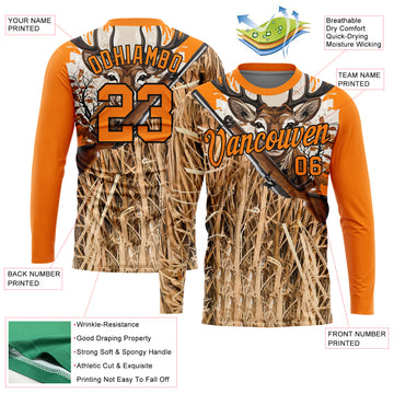 Custom Bay Orange Black 3D Animal Deer Hunting Tool Gun Long Sleeve Performance T-Shirt