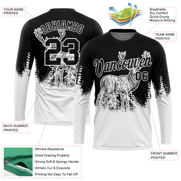 Custom Black White 3D Animal Deer Hunting Long Sleeve Performance T-Shirt