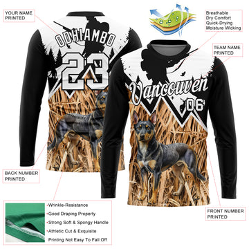 Custom Black White 3D Animal Rottweiler Dog Hunting Tool Gun Hunter Long Sleeve Performance T-Shirt