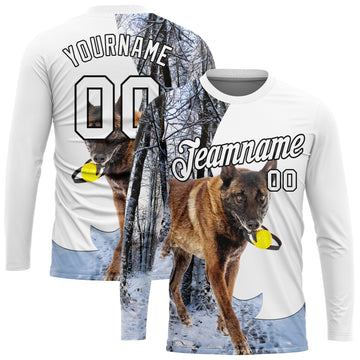 Custom White Black 3D Animal Shepherd Dog Hunting Long Sleeve Performance T-Shirt