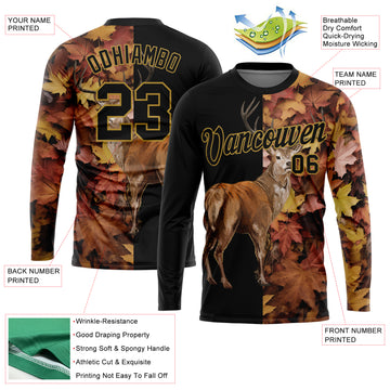 Custom Black Old Gold 3D Animal Deer Hunting Long Sleeve Performance T-Shirt