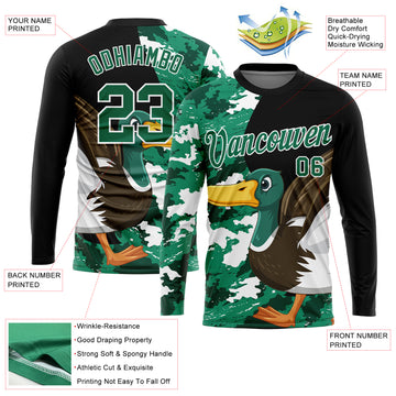 Custom Black Kelly Green-Camo 3D Animal Duck Hunting Long Sleeve Performance T-Shirt