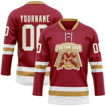 Load image into Gallery viewer, Custom Maroon White-Old Gold Hockey Lace Neck Jersey
