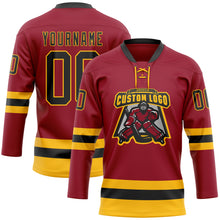 Load image into Gallery viewer, Custom Maroon Black-Gold Hockey Lace Neck Jersey
