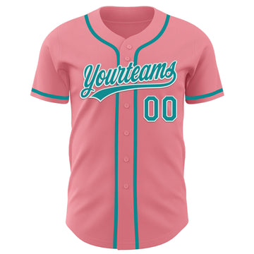 Custom Medium Pink Teal-White Authentic Baseball Jersey