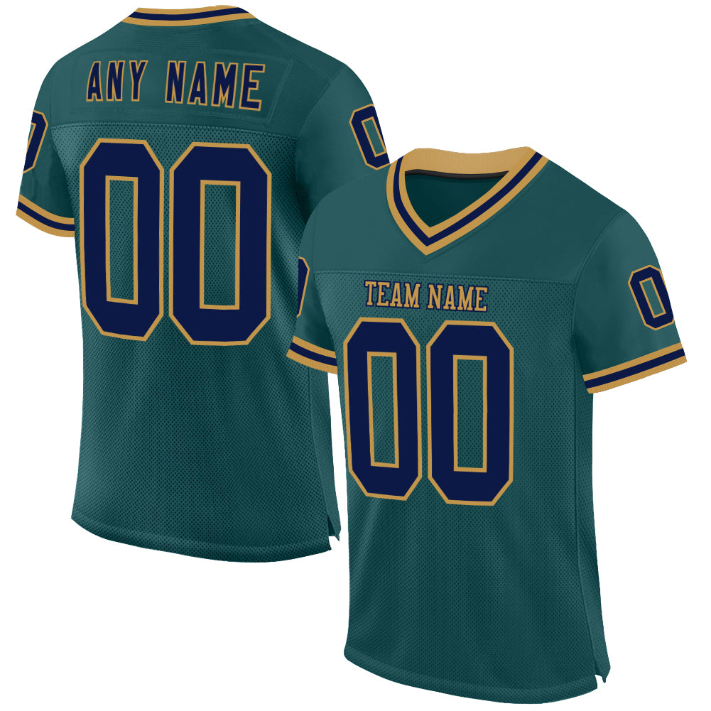 Custom Midnight Green Navy-Old Gold Mesh Authentic Throwback Football Jersey