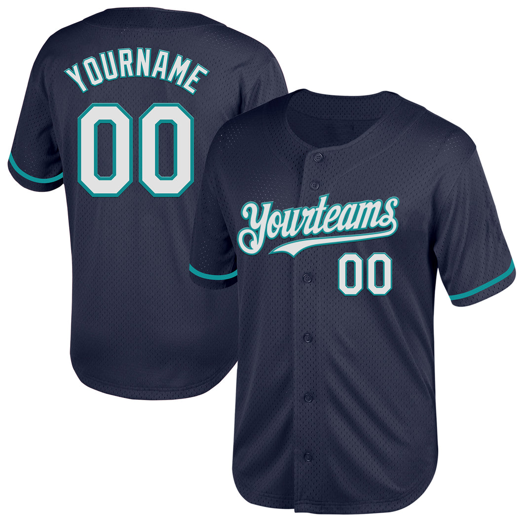 Custom Navy White-Teal Mesh Authentic Throwback Baseball Jersey