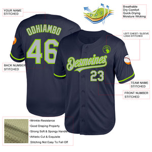 Custom Navy Gray-Neon Green Mesh Authentic Throwback Baseball Jersey