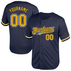 Custom Navy Gold-White Mesh Authentic Throwback Baseball Jersey