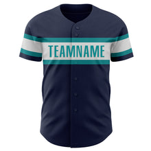 Load image into Gallery viewer, Custom Navy White-Teal Authentic Baseball Jersey
