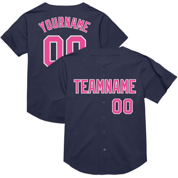 Custom Navy Pink-White Mesh Authentic Throwback Baseball Jersey