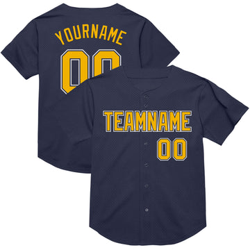 Custom Navy Gold-White Mesh Authentic Throwback Baseball Jersey