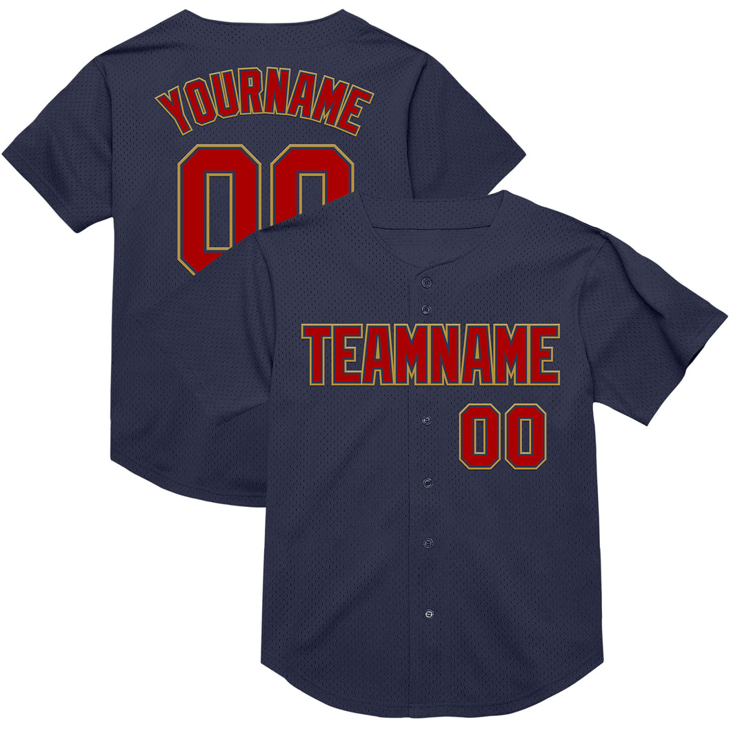 Custom Navy Red-Old Gold Mesh Authentic Throwback Baseball Jersey