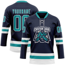 Load image into Gallery viewer, Custom Navy Teal-White Hockey Lace Neck Jersey
