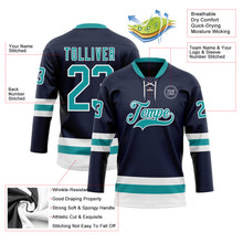 Load image into Gallery viewer, Custom Navy Teal-White Hockey Lace Neck Jersey
