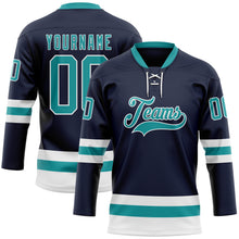 Load image into Gallery viewer, Custom Navy Teal-White Hockey Lace Neck Jersey
