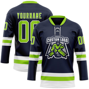 Custom Navy Neon Green-White Hockey Lace Neck Jersey