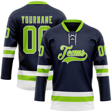 Load image into Gallery viewer, Custom Navy Neon Green-White Hockey Lace Neck Jersey
