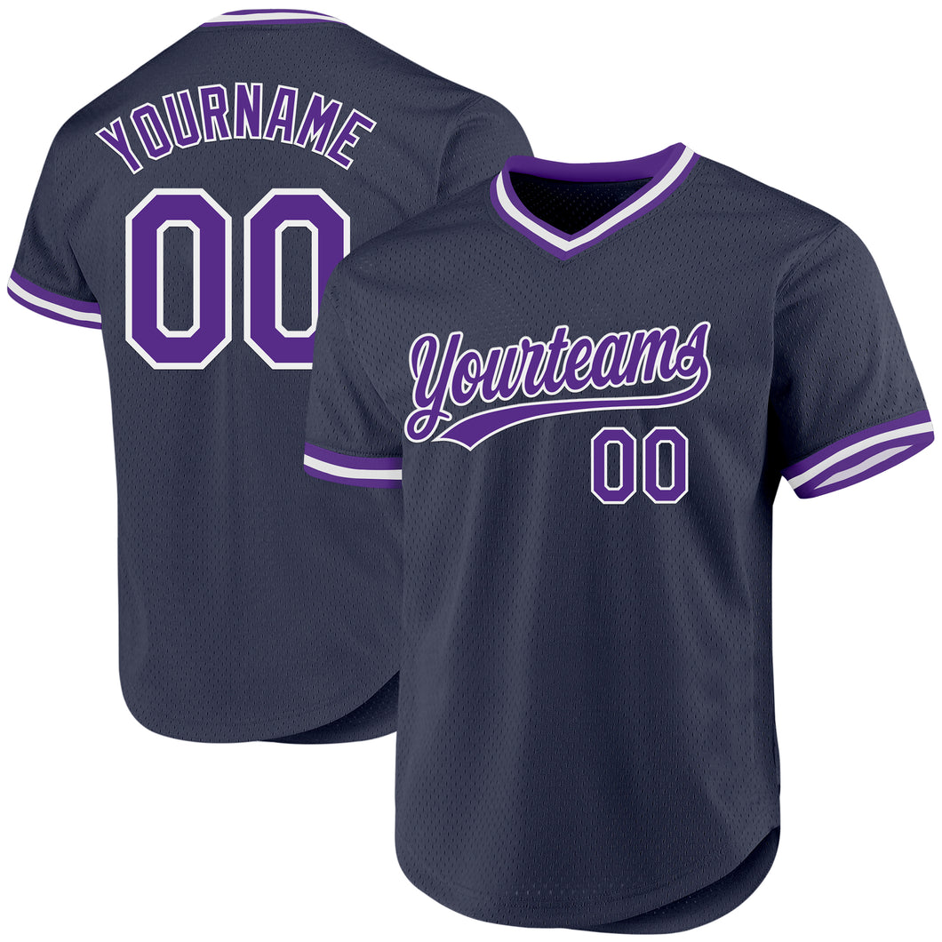 Custom Navy Purple-White Authentic Throwback Baseball Jersey