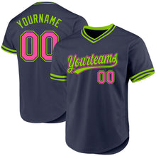 Load image into Gallery viewer, Custom Navy Pink-Neon Green Authentic Throwback Baseball Jersey
