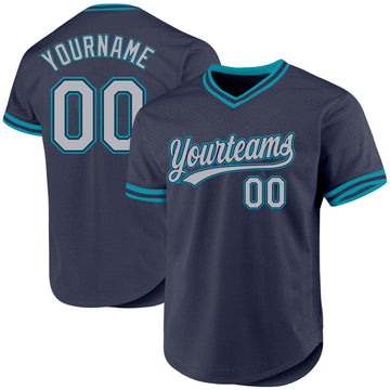 Custom Navy Gray-Teal Authentic Throwback Baseball Jersey