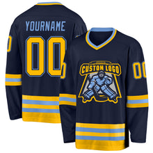 Load image into Gallery viewer, Custom Navy Gold-Light Blue Hockey Jersey
