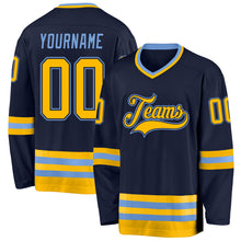 Load image into Gallery viewer, Custom Navy Gold-Light Blue Hockey Jersey
