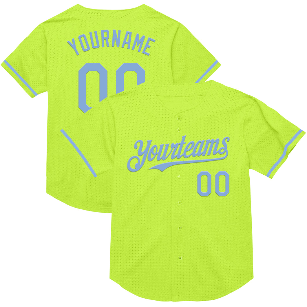 Custom Neon Green Light Blue Mesh Authentic Throwback Baseball Jersey