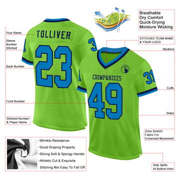 Custom Neon Green Blue-Navy Mesh Authentic Throwback Football Jersey