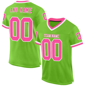 Custom Neon Green Pink-White Mesh Authentic Throwback Football Jersey