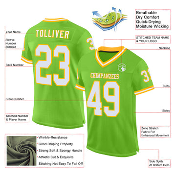 Custom Neon Green White-Gold Mesh Authentic Throwback Football Jersey