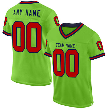 Custom Neon Green Red-Navy Mesh Authentic Throwback Football Jersey