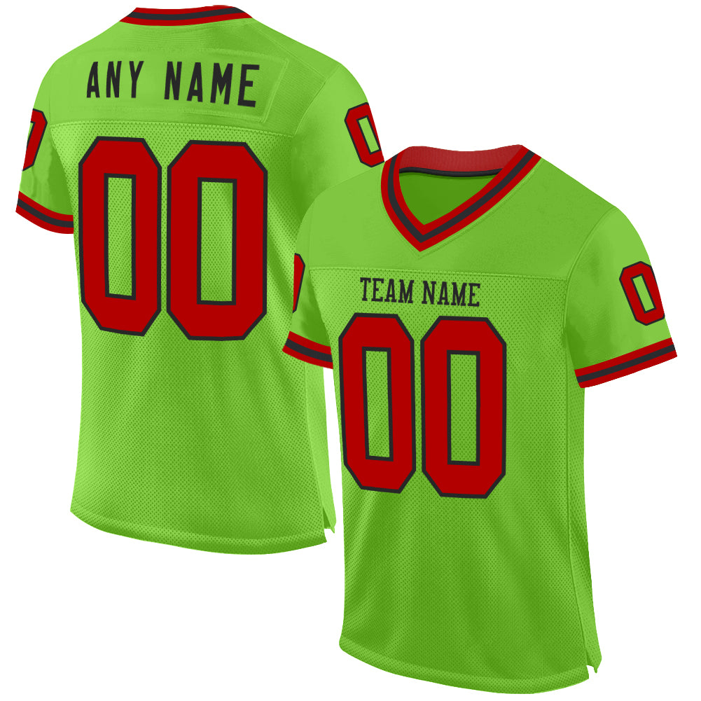 Custom Neon Green Red-Black Mesh Authentic Throwback Football Jersey