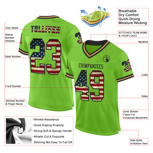 Custom Neon Green Vintage USA Flag Black-Old Gold Mesh Authentic Throwback Football Jersey