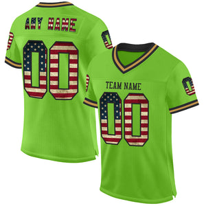 Custom Neon Green Vintage USA Flag Black-Old Gold Mesh Authentic Throwback Football Jersey