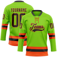 Load image into Gallery viewer, Custom Neon Green Black-Orange Hockey Lace Neck Jersey
