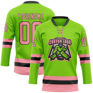 Custom Neon Green Medium Pink-Black Hockey Lace Neck Jersey